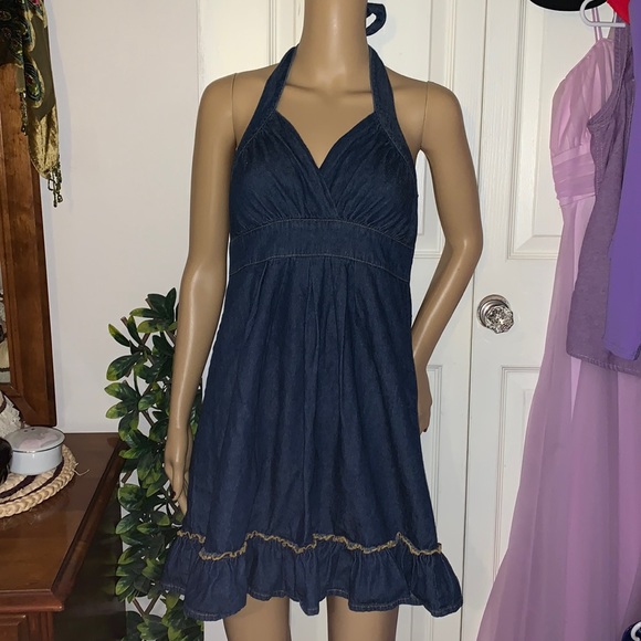 Denim jean backless halter ruffle mini dress sundress S - Picture 6 of 6